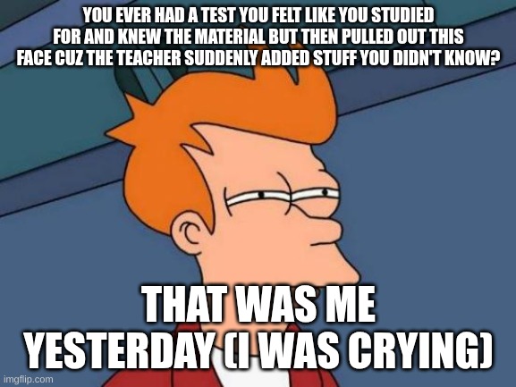 SERIOUSLY THO?! WHY DID SHE TELL US TO REMOVE THE FRACTIONS WHEN I NEVER EVEN LEARNED TO SIMPLIFY THEM (Yes, I am stupid even th | YOU EVER HAD A TEST YOU FELT LIKE YOU STUDIED FOR AND KNEW THE MATERIAL BUT THEN PULLED OUT THIS FACE CUZ THE TEACHER SUDDENLY ADDED STUFF YOU DIDN'T KNOW? THAT WAS ME YESTERDAY (I WAS CRYING) | image tagged in memes,futurama fry | made w/ Imgflip meme maker