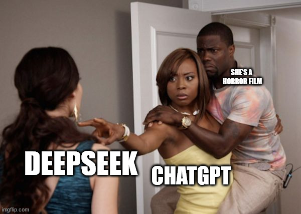 Protected Kevin Hart | CHATGPT SHE'S A 
HORROR FILM DEEPSEEK | image tagged in protected kevin hart | made w/ Imgflip meme maker