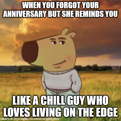 AI one day you''ll get it | WHEN YOU FORGOT YOUR ANNIVERSARY BUT SHE REMINDS YOU; LIKE A CHILL GUY WHO LOVES LIVING ON THE EDGE | image tagged in chill guy | made w/ Imgflip meme maker