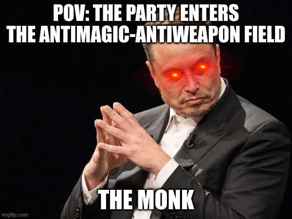 D&D MEME:  Anti-magic field... Anti-weapon field!! | POV: THE PARTY ENTERS THE ANTIMAGIC-ANTIWEAPON FIELD; THE MONK | image tagged in elon musk,dnd,pov,magic,dungeons and dragons | made w/ Imgflip meme maker