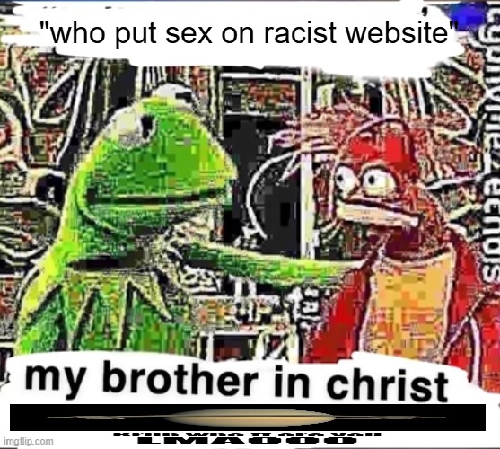 My brother in Christ | "who put sex on racist website" | image tagged in my brother in christ | made w/ Imgflip meme maker