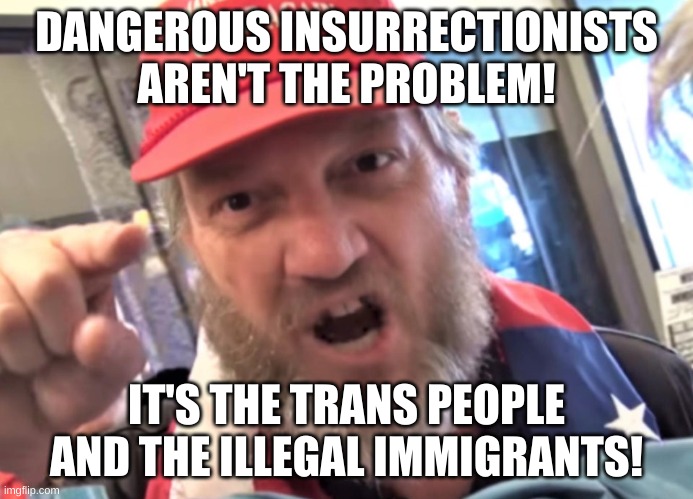 Angry Trumper MAGA White Supremacist | DANGEROUS INSURRECTIONISTS AREN'T THE PROBLEM! IT'S THE TRANS PEOPLE AND THE ILLEGAL IMMIGRANTS! | image tagged in angry trumper maga white supremacist | made w/ Imgflip meme maker