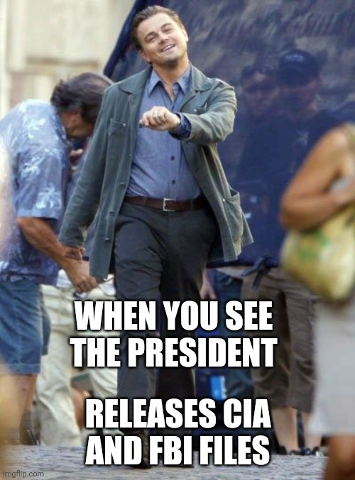 Strutting Leo | WHEN YOU SEE THE PRESIDENT RELEASES CIA AND FBI FILES | image tagged in strutting leo | made w/ Imgflip meme maker