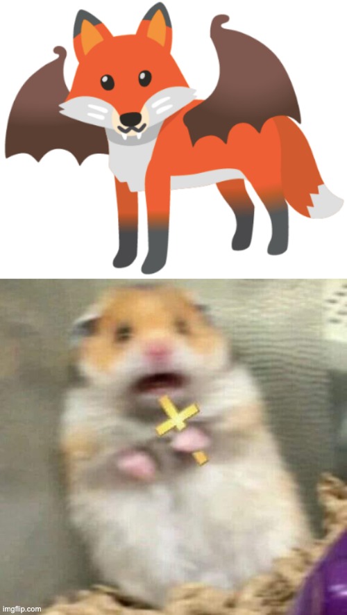 Flying fox if taken literally | image tagged in scared hamster with cross,fox,bat,emoji | made w/ Imgflip meme maker