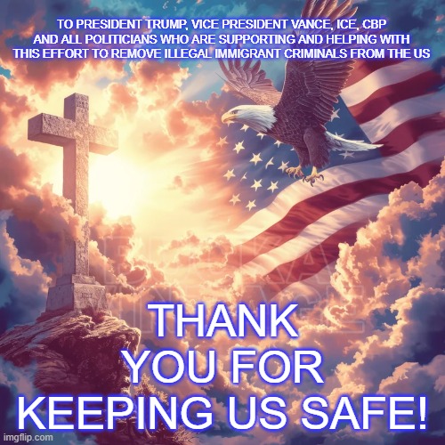 Thank you for making us safe | TO PRESIDENT TRUMP, VICE PRESIDENT VANCE, ICE, CBP AND ALL POLITICIANS WHO ARE SUPPORTING AND HELPING WITH THIS EFFORT TO REMOVE ILLEGAL IMMIGRANT CRIMINALS FROM THE US; THANK YOU FOR KEEPING US SAFE! | made w/ Imgflip meme maker