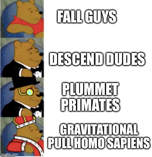 4 Panel Fancy Pooh | FALL GUYS DESCEND DUDES PLUMMET PRIMATES GRAVITATIONAL PULL HOMO SAPIENS | image tagged in 4 panel fancy pooh | made w/ Imgflip meme maker