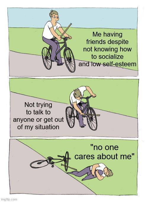 laziness ahh | Me having friends despite not knowing how to socialize and low self-esteem; Not trying to talk to anyone or get out of my situation; "no one cares about me" | image tagged in memes,bike fall | made w/ Imgflip meme maker