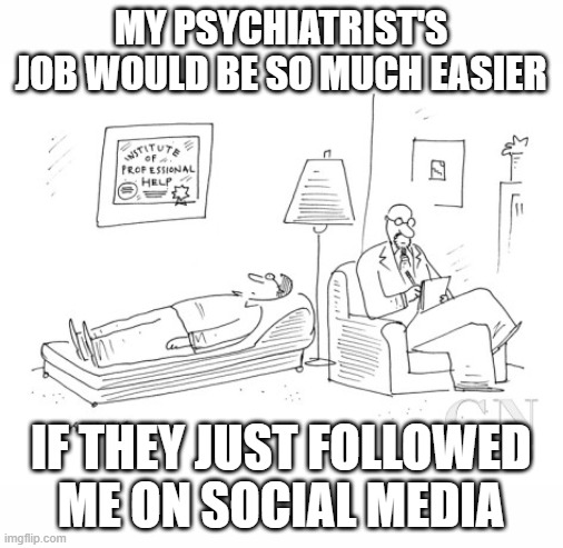 Psyche | MY PSYCHIATRIST'S JOB WOULD BE SO MUCH EASIER; IF THEY JUST FOLLOWED ME ON SOCIAL MEDIA | image tagged in psychiatrist,social media,facebook | made w/ Imgflip meme maker