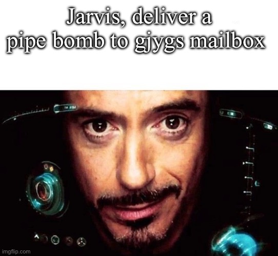 Please | Jarvis, deliver a pipe bomb to gjygs mailbox | image tagged in jarvis template | made w/ Imgflip meme maker