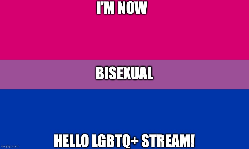 Bi flag | I’M NOW; BISEXUAL; HELLO LGBTQ+ STREAM! | image tagged in bi flag | made w/ Imgflip meme maker