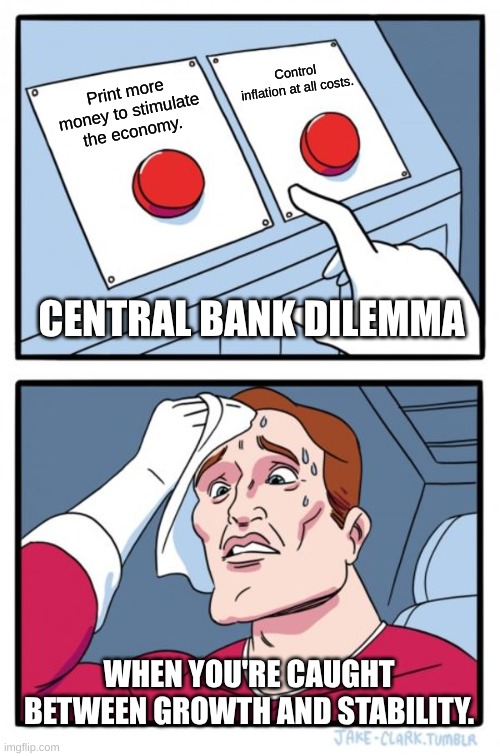 Two Buttons Meme | Control inflation at all costs. Print more money to stimulate the economy. CENTRAL BANK DILEMMA; WHEN YOU'RE CAUGHT BETWEEN GROWTH AND STABILITY. | image tagged in memes,two buttons | made w/ Imgflip meme maker