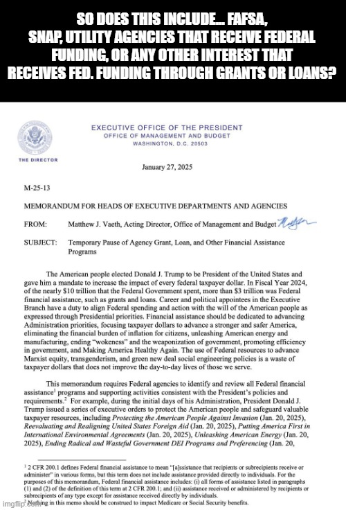 What *exactly* does this cover, anyone know? | SO DOES THIS INCLUDE... FAFSA, SNAP, UTILITY AGENCIES THAT RECEIVE FEDERAL FUNDING, OR ANY OTHER INTEREST THAT RECEIVES FED. FUNDING THROUGH GRANTS OR LOANS? | image tagged in just facts,trump,executive order,funding | made w/ Imgflip meme maker