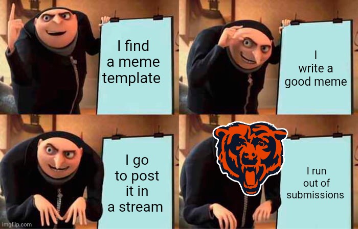 Gru's Plan Meme | I find a meme template; I write a good meme; I go to post it in a stream; I run out of submissions | image tagged in memes,gru's plan | made w/ Imgflip meme maker