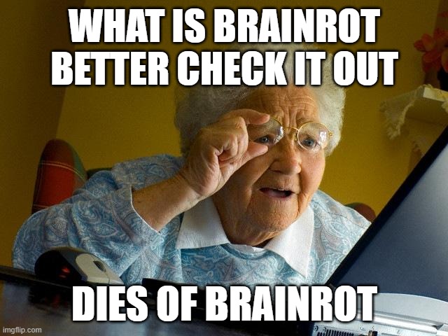 Grandma Finds The Internet | WHAT IS BRAINROT BETTER CHECK IT OUT; DIES OF BRAINROT | image tagged in memes,grandma finds the internet | made w/ Imgflip meme maker