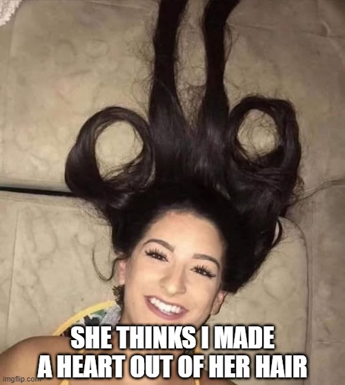 Shape that Hair | SHE THINKS I MADE A HEART OUT OF HER HAIR | image tagged in sex jokes | made w/ Imgflip meme maker