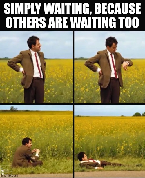 Just waiting | SIMPLY WAITING, BECAUSE OTHERS ARE WAITING TOO | image tagged in mr bean waiting,waiting | made w/ Imgflip meme maker