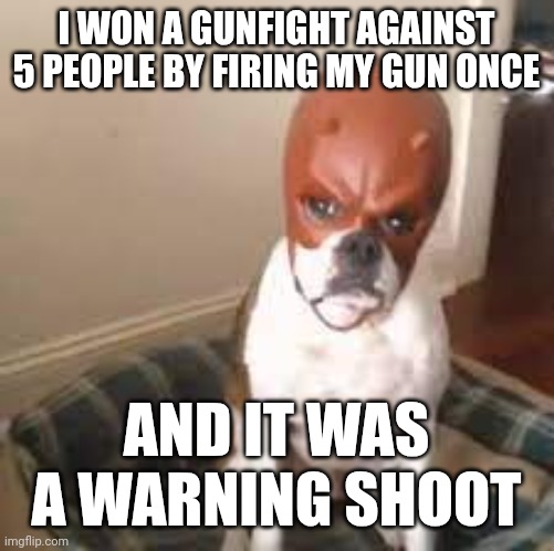 Daredevil dog | I WON A GUNFIGHT AGAINST 5 PEOPLE BY FIRING MY GUN ONCE; AND IT WAS A WARNING SHOOT | image tagged in daredevil dog | made w/ Imgflip meme maker