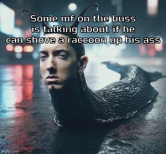 Slime shady | Some mf on the buss is talking about if he can shove a raccoon up his ass | image tagged in slime shady | made w/ Imgflip meme maker