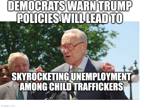 Groomer | DEMOCRATS WARN TRUMP 
POLICIES WILL LEAD TO; SKYROCKETING UNEMPLOYMENT AMONG CHILD TRAFFICKERS | made w/ Imgflip meme maker