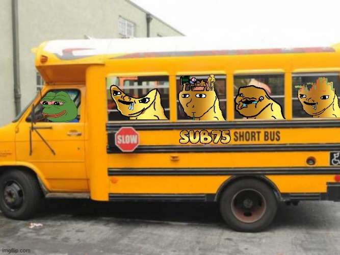 All aboard the $SUB75 short bus | image tagged in short bus,sub75,pepe,memecoin,crypto,funny | made w/ Imgflip meme maker