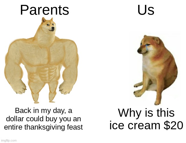 Buff Doge vs. Cheems | Parents; Us; Back in my day, a dollar could buy you an entire thanksgiving feast; Why is this ice cream $20 | image tagged in memes,buff doge vs cheems | made w/ Imgflip meme maker