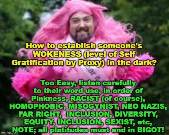 How to identify someone who is WOKE n the dark, in levels of pinkness! | Yarra Man; Too Easy, listen carefully to their word use, in order of Pinkness, RACIST (of course), HOMOPHOBIC, MISOGYNIST, NEO NAZIS, FAR RIGHT,  INCLUSION, DIVERSITY, EQUITY, INCLUSION, SEXIST, etc, NOTE; all platitudes must end in BIGOT! How to establish someone's WOKENESS (level of Self Gratification by Proxy) in the dark? | image tagged in democrats,labor,labour,progressives,cnn msnbc abc,pinkos | made w/ Imgflip meme maker