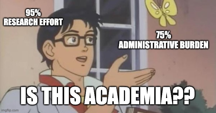 Is This a Pigeon | 95% RESEARCH EFFORT; 75% ADMINISTRATIVE BURDEN; IS THIS ACADEMIA?? | image tagged in is this a pigeon | made w/ Imgflip meme maker