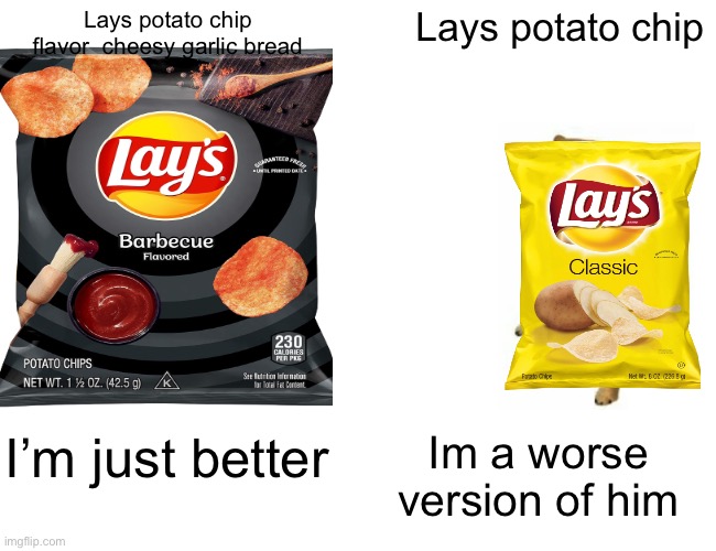 Buff Doge vs. Cheems | Lays potato chip flavor  cheesy garlic bread; Lays potato chip; I’m just better; Im a worse version of him | image tagged in memes,buff doge vs cheems | made w/ Imgflip meme maker