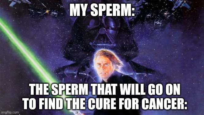 Yay! I won! | MY SPERM:; THE SPERM THAT WILL GO ON TO FIND THE CURE FOR CANCER: | image tagged in return of the jedi,sperm,star wars,teehee | made w/ Imgflip meme maker