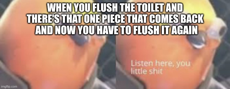 has this ever happened to y'all? | WHEN YOU FLUSH THE TOILET AND THERE'S THAT ONE PIECE THAT COMES BACK; AND NOW YOU HAVE TO FLUSH IT AGAIN | image tagged in listen here you little shit bird,funny memes,viral,fun,relatable | made w/ Imgflip meme maker