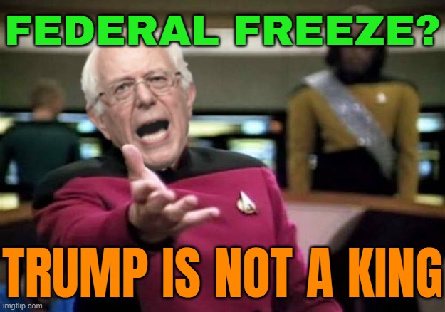 Bernie Sanders Blasts Trump For Federal Loans And Grants Freeze | FEDERAL FREEZE? TRUMP IS NOT A KING | image tagged in wtf bernie sanders,breaking news,bernie sanders,donald trump,trump bill signing,crying democrats | made w/ Imgflip meme maker