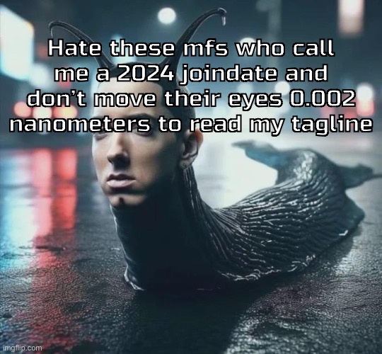 Slime shady | Hate these mfs who call me a 2024 joindate and don’t move their eyes 0.002 nanometers to read my tagline | image tagged in slime shady | made w/ Imgflip meme maker