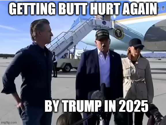 Getting Butt Hurt Again by Trump 2025 | GETTING BUTT HURT AGAIN; BY TRUMP IN 2025 | image tagged in newsome,california fires,trump,palisades fires | made w/ Imgflip meme maker