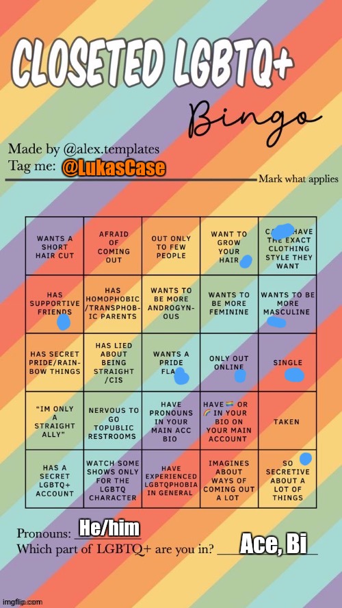 Done It, But with Certain Spaces | @LukasCase; He/him; Ace, Bi | image tagged in closeted lgbtq bingo | made w/ Imgflip meme maker