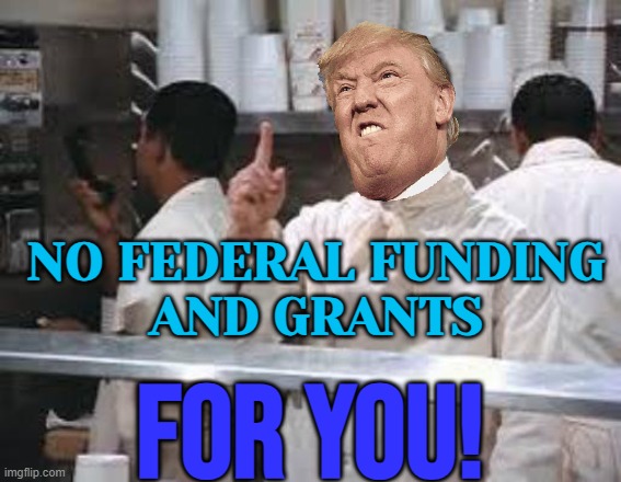 No Federal Funding And Grants For You! | NO FEDERAL FUNDING
AND GRANTS; FOR YOU! | image tagged in no soup,donald trump,breaking news,united states,scumbag government,us government | made w/ Imgflip meme maker