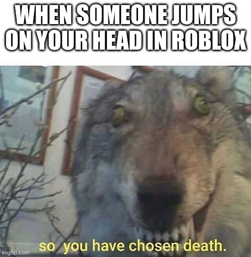 so you have chosen death | WHEN SOMEONE JUMPS ON YOUR HEAD IN ROBLOX | image tagged in so you have chosen death | made w/ Imgflip meme maker