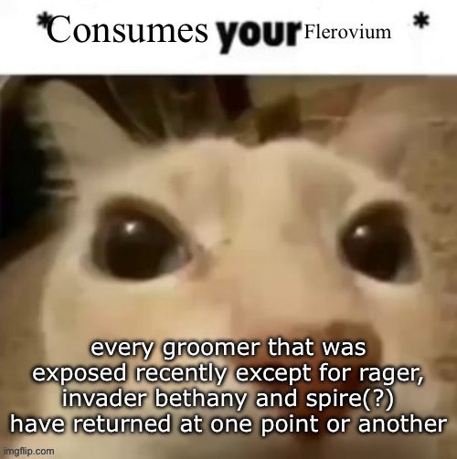 Yakko consumes your flerovium | every groomer that was exposed recently except for rager, invader bethany and spire(?) have returned at one point or another | image tagged in yakko consumes your flerovium | made w/ Imgflip meme maker