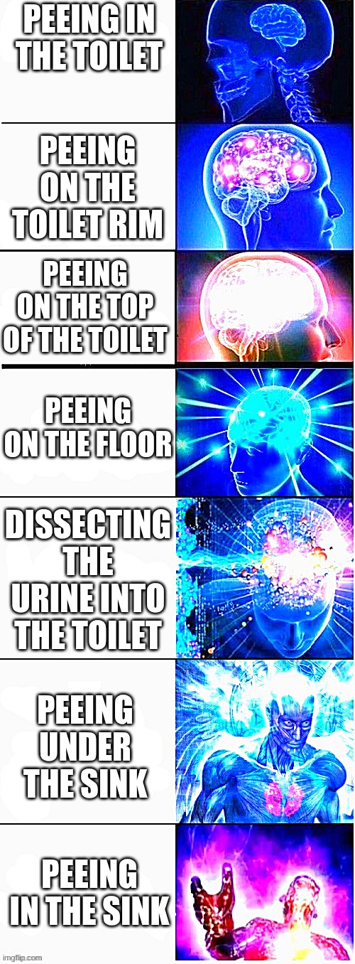 Growing brain 2 | PEEING IN THE TOILET; PEEING ON THE TOILET RIM; PEEING ON THE TOP OF THE TOILET; PEEING ON THE FLOOR; DISSECTING THE URINE INTO THE TOILET; PEEING UNDER THE SINK; PEEING IN THE SINK | image tagged in growing brain 2 | made w/ Imgflip meme maker