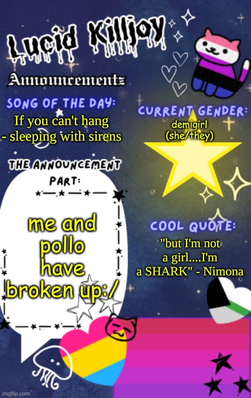 . | If you can't hang - sleeping with sirens; demigirl (she/they); me and pollo have broken up:/; "but I'm not a girl....I'm a SHARK" - Nimona | image tagged in lucid_killjoy's announcements | made w/ Imgflip meme maker