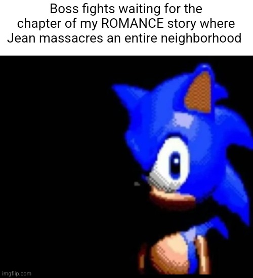 Sonic stares | Boss fights waiting for the chapter of my ROMANCE story where Jean massacres an entire neighborhood | image tagged in sonic stares | made w/ Imgflip meme maker