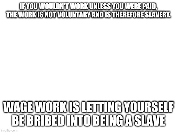 IF YOU WOULDN'T WORK UNLESS YOU WERE PAID, THE WORK IS NOT VOLUNTARY AND IS THEREFORE SLAVERY. WAGE WORK IS LETTING YOURSELF BE BRIBED INTO BEING A SLAVE | made w/ Imgflip meme maker