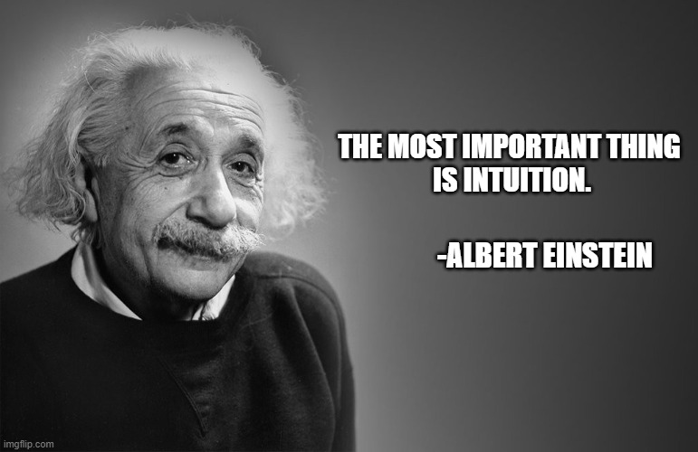 albert einstein quotes | THE MOST IMPORTANT THING 
IS INTUITION. -ALBERT EINSTEIN | image tagged in albert einstein quotes | made w/ Imgflip meme maker