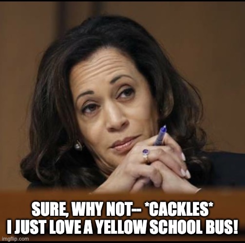 Kamala Harris  | SURE, WHY NOT-- *CACKLES* I JUST LOVE A YELLOW SCHOOL BUS! | image tagged in kamala harris | made w/ Imgflip meme maker