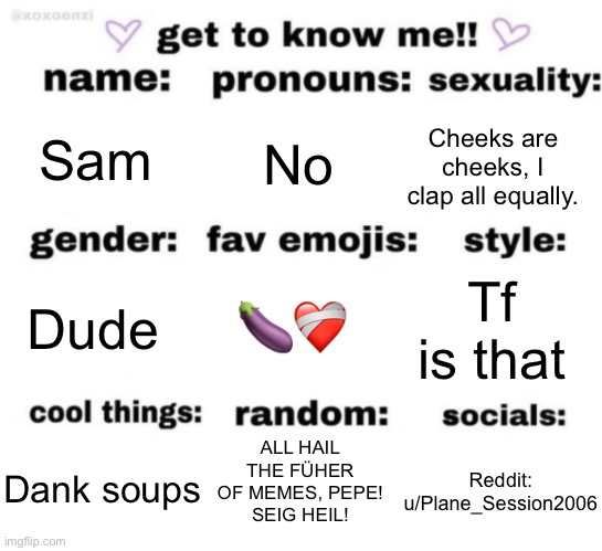 I should reintroduce myself | Sam; No; Cheeks are cheeks, I clap all equally. 🍆❤️‍🩹; Tf is that; Dude; ALL HAIL THE FÜHER OF MEMES, PEPE!
SEIG HEIL! Reddit: u/Plane_Session2006; Dank soups | image tagged in get to know me but better | made w/ Imgflip meme maker