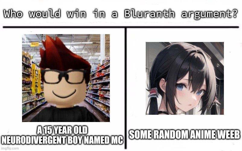 Bluranth be like: | Who would win in a Bluranth argument? SOME RANDOM ANIME WEEB; A 15 YEAR OLD NEURODIVERGENT BOY NAMED MC | image tagged in mc,anime,bluranth,anime weeb,weeb,who would win | made w/ Imgflip meme maker