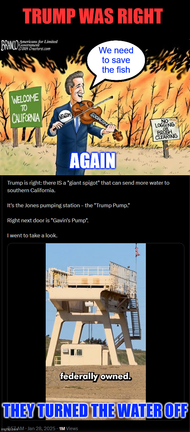 Trump was right... again... | TRUMP WAS RIGHT; We need to save the fish; AGAIN; THEY TURNED THE WATER OFF | image tagged in democrat politics,to blame | made w/ Imgflip meme maker