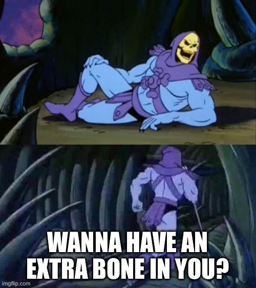 Skeletor disturbing facts | WANNA HAVE AN EXTRA BONE IN YOU? | image tagged in skeletor disturbing facts | made w/ Imgflip meme maker