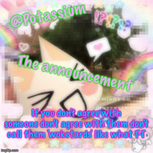 Potassium's Sillycore Template | If you don't agree with someone don't agree with them don't call them 'woketards' like what T-T | image tagged in potassium's sillycore template | made w/ Imgflip meme maker