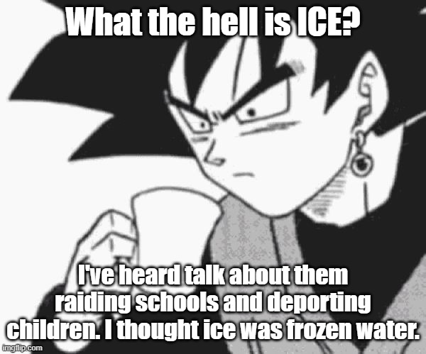 Goku Black confused | What the hell is ICE? I've heard talk about them raiding schools and deporting children. I thought ice was frozen water. | image tagged in goku black confused | made w/ Imgflip meme maker