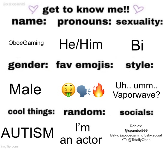 I’ll stop fcuking around and actually do ts | OboeGaming; He/Him; Bi; 🤑🗣️🔥; Uh.. umm..
Vaporwave? Male; Roblox: @spamboi999
Bsky: @oboegaming.bsky.social
YT: @TotallyOboe; I’m an actor; AUTISM | image tagged in get to know me but better | made w/ Imgflip meme maker